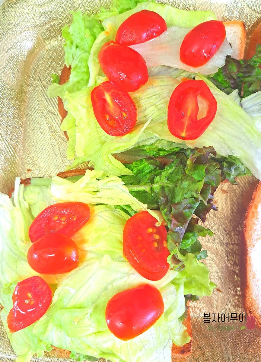 빵 위에 상추와 양상추를 올린 뒤 방울토마토와 닭가슴살을 차례로 얹어줍니다.