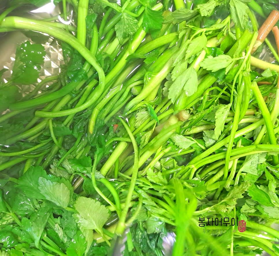 미나리를 식초 2스푼 넣은 물에 10분 정도 담가 불순물을 제거하세요.