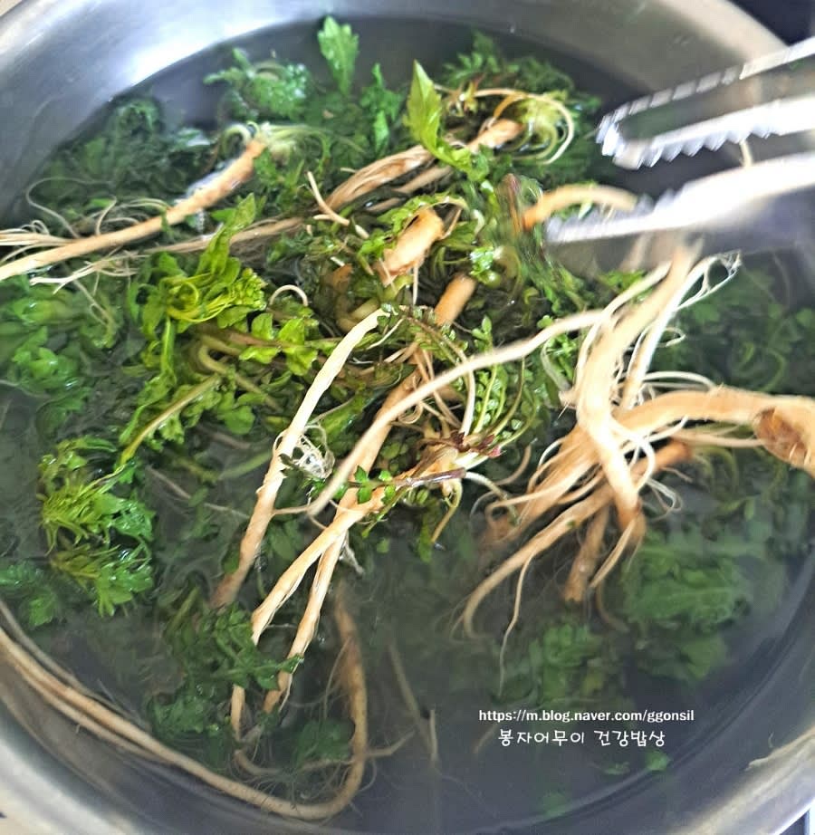 물을 팔팔 끓인 후 소금 2스푼을 넣고 냉이를 1분 30초 정도 데쳐줍니다