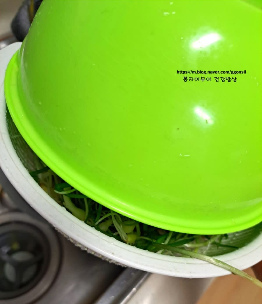 씻어낸 달래를 체반에 올려 물기를 제거해줍니다. 물기가 많으면 간장 맛이 싱거워질 수 있으니 물기를 꼭 제거하세요.