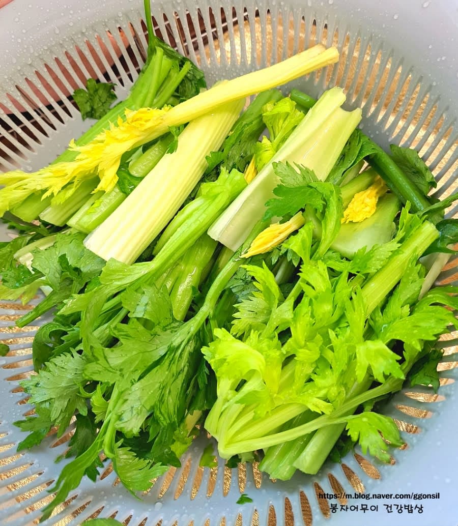 샐러리 세척 후 물기를 뺀 뒤 냉장고에 보관하며 수분이 남아있으면 오래 보관하지 못하므로 물기를 제거합니다.