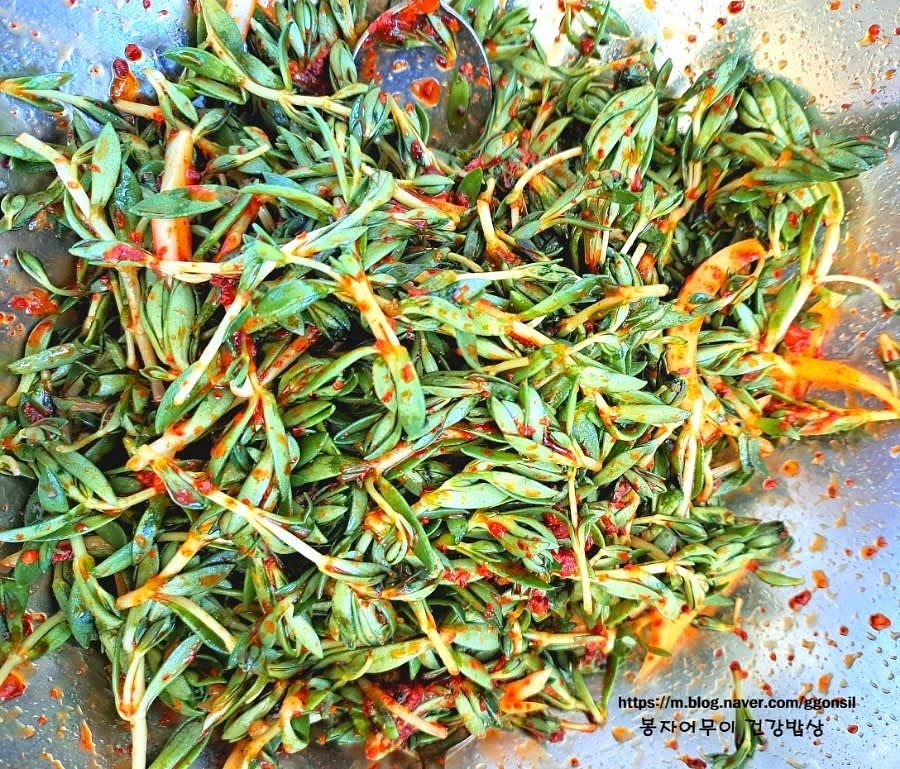 고춧가루, 간장, 올리고당, 매실청, 식초, 설탕을 섞어 양념장을 만들고 돈나물과 양파를 고루 버무립니다.