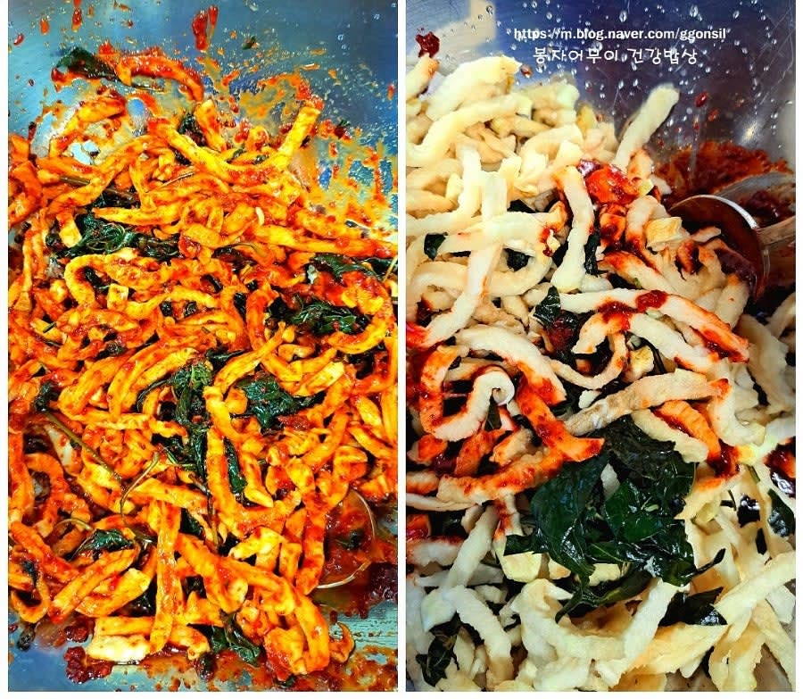 양념장을 무말랭이와 고춧잎에 넣고 고루 섞어줍니다.