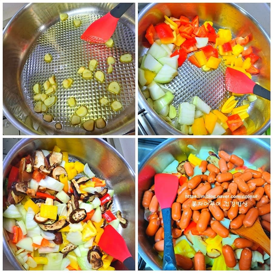 올리브 오일을 두른 팬에 마늘을 먼저 노릇하게 볶다가 야채와 버섯을 넣고 볶습니다.