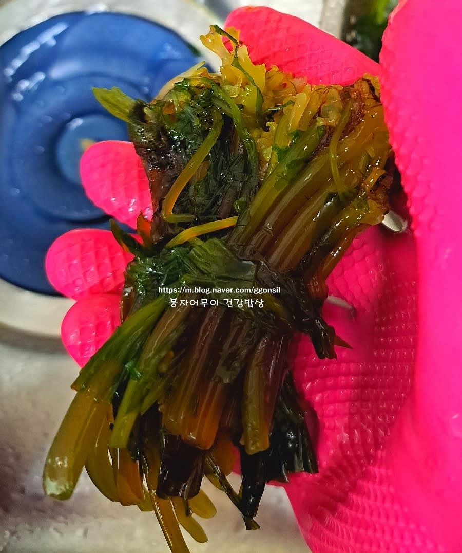 데친 곰피를 체반에 반쳐서 물기를 제거합니다.