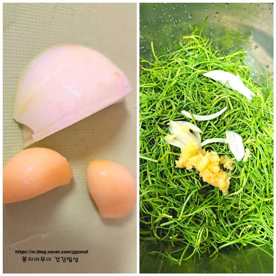 양파는 아주 얇게 채를 썰고 마늘을 다져줍니다.