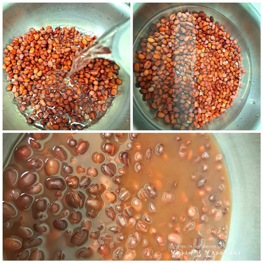 팥을 깨끗이 씻어 3-6시간 정도 불리고 1L의 물에 약 30분 동안 삶아줍니다. 이후 300ml의 물을 추가하고 약불에서 15분 더 삶습니다.