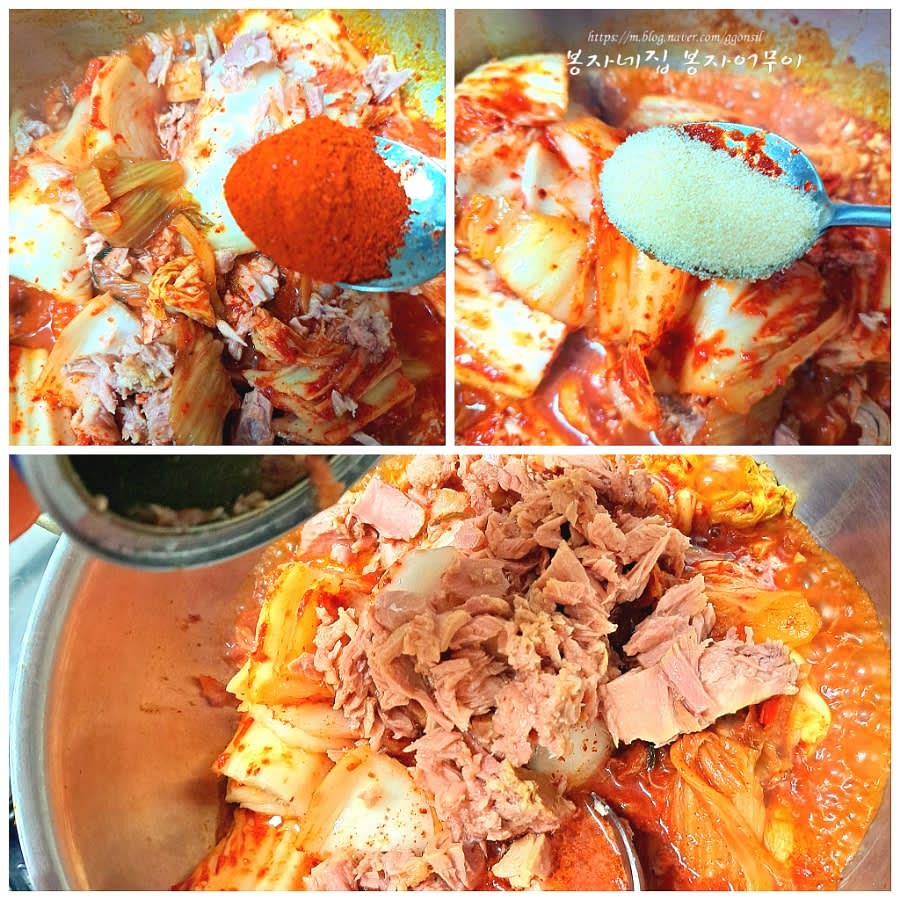 참치캔 100g에 고춧가루 1스푼, 설탕 1스푼, 참기름 1스푼을 넣고 조리듯이 볶아줍니다.