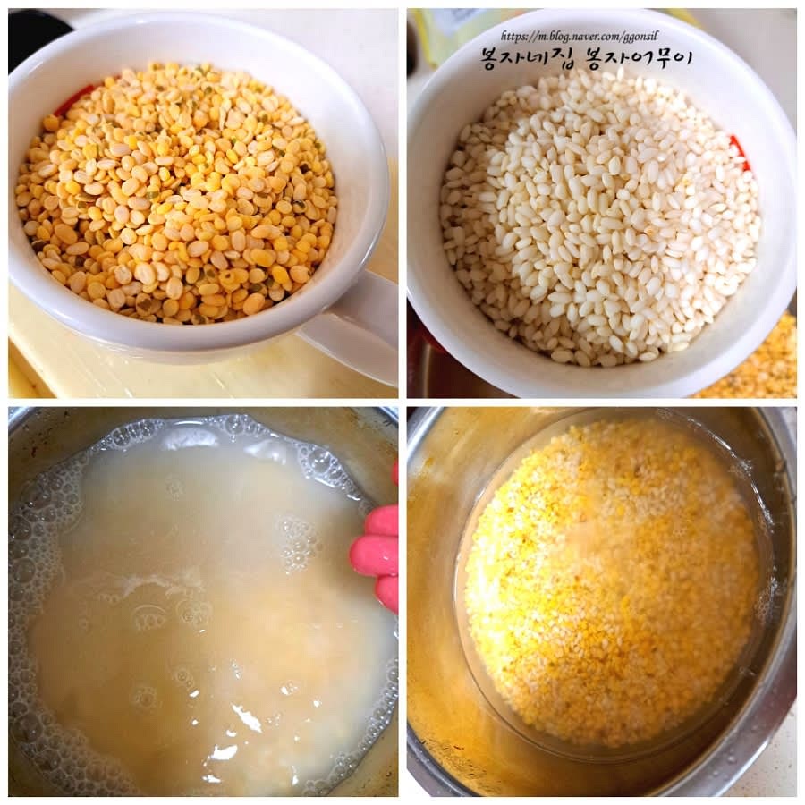 녹두와 찹쌀을 2/3컵씩 물로 먼지를 씻어내고 물을 부어 불립니다.