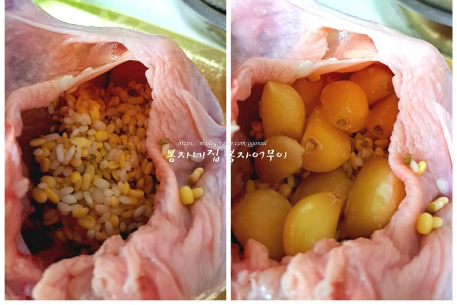 대추와 마늘을 배 속에 가득 채워 넣습니다.