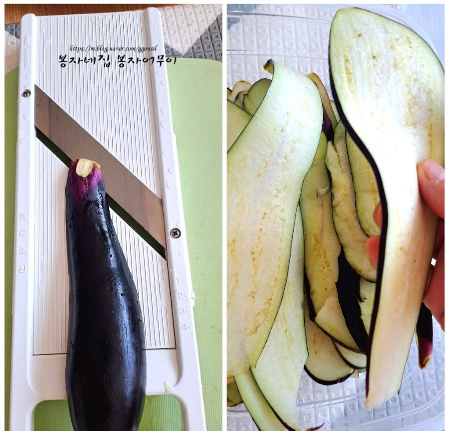 가지의 꼭지를 제거하고 깨끗이 세척하여 최대한 얇게 썰어줍니다.