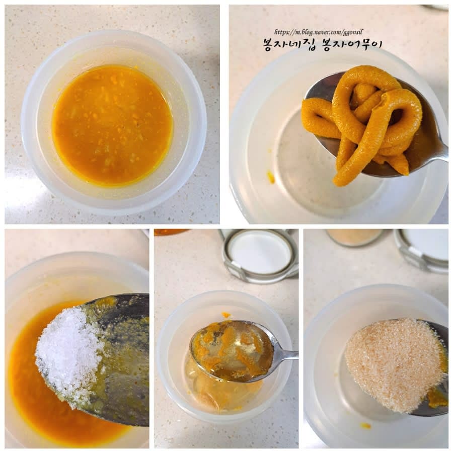 마늘을 다져 연겨자, 설탕, 올리고당, 식초, 소금과 함께 섞어 냉채소스를 만듭니다.