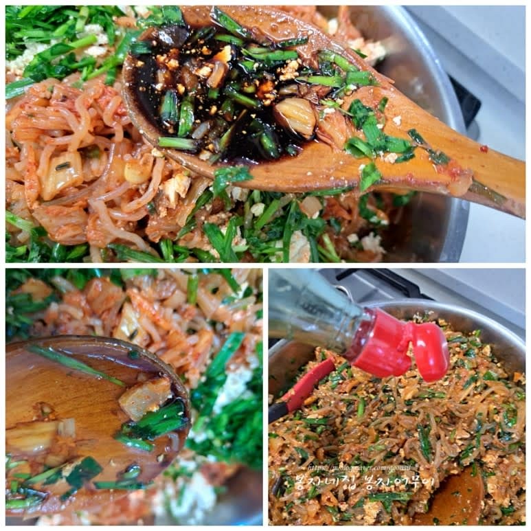 간장 2스푼, 올리고당 1스푼, 참기름 1스푼을 넣고 간을 맞추세요.