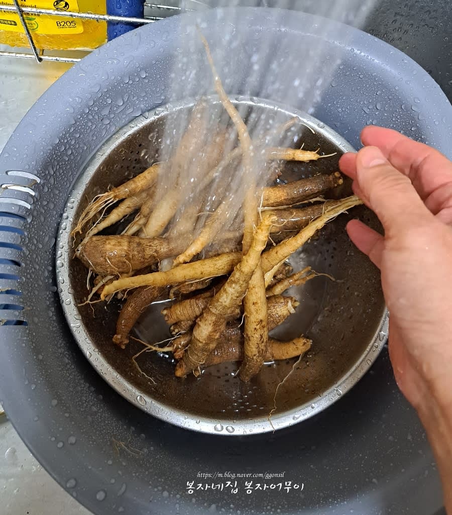 데친 더덕을 흐르는 물에 헹구고 한 번 더 헹궈줍니다.