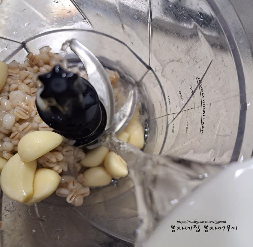 마늘과 늘보리죽을 믹서기로 곱게 갈아주세요.