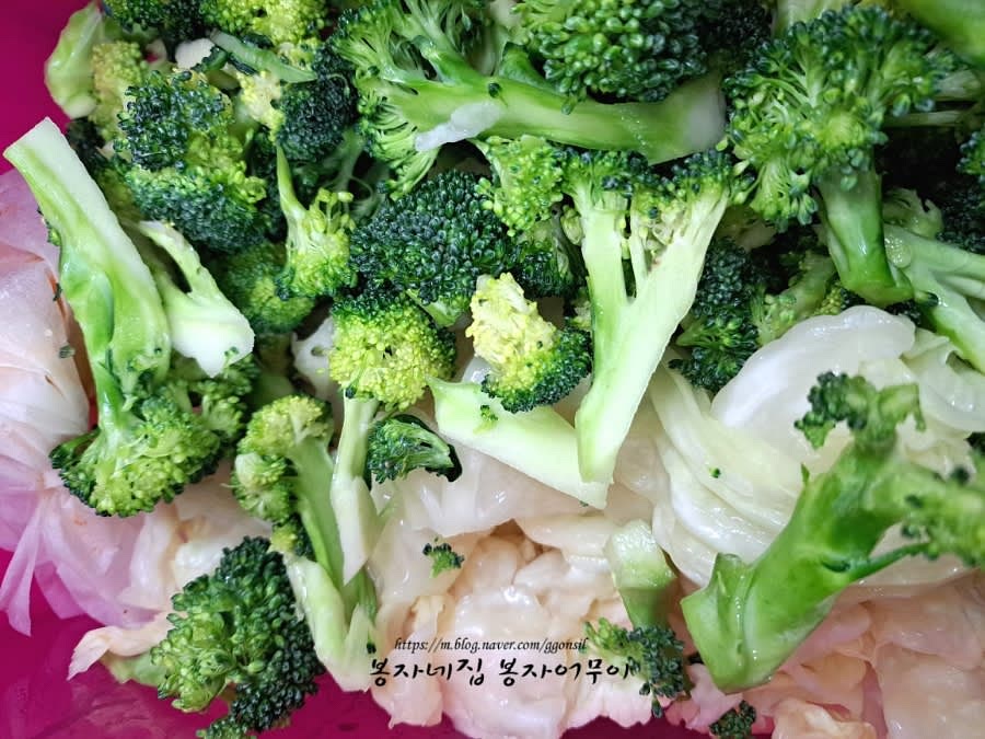 물기가 제거된 양배추와 브로콜리를 김치통에 먼저 담고, 준비한 무, 파프리카, 쪽파를 올립니다.