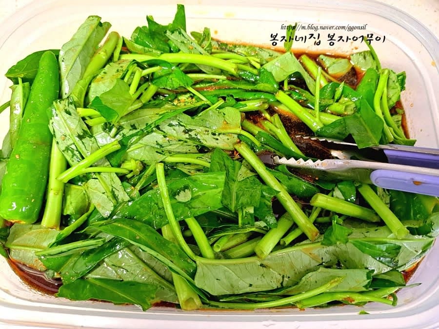 식힌 간장물을 부어 공심채와 청양고추가 잠기도록 합니다.