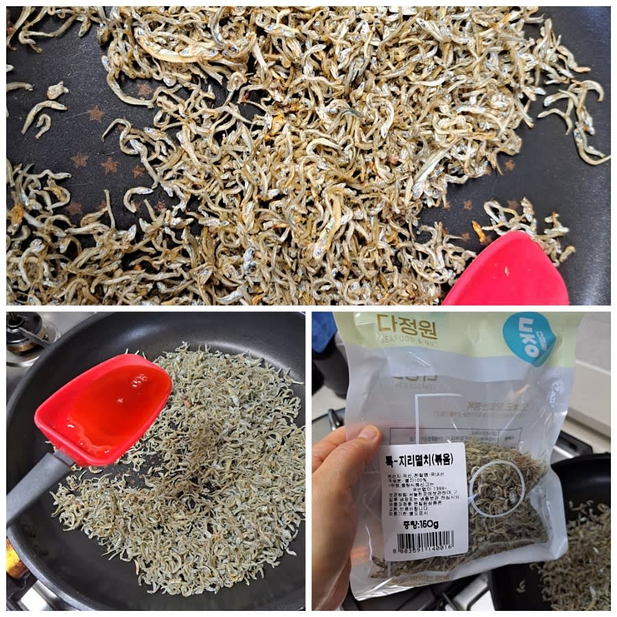 멸치 80g을 맛술 2스푼, 매실청 2스푼을 넣고 약불에 볶아주세요.