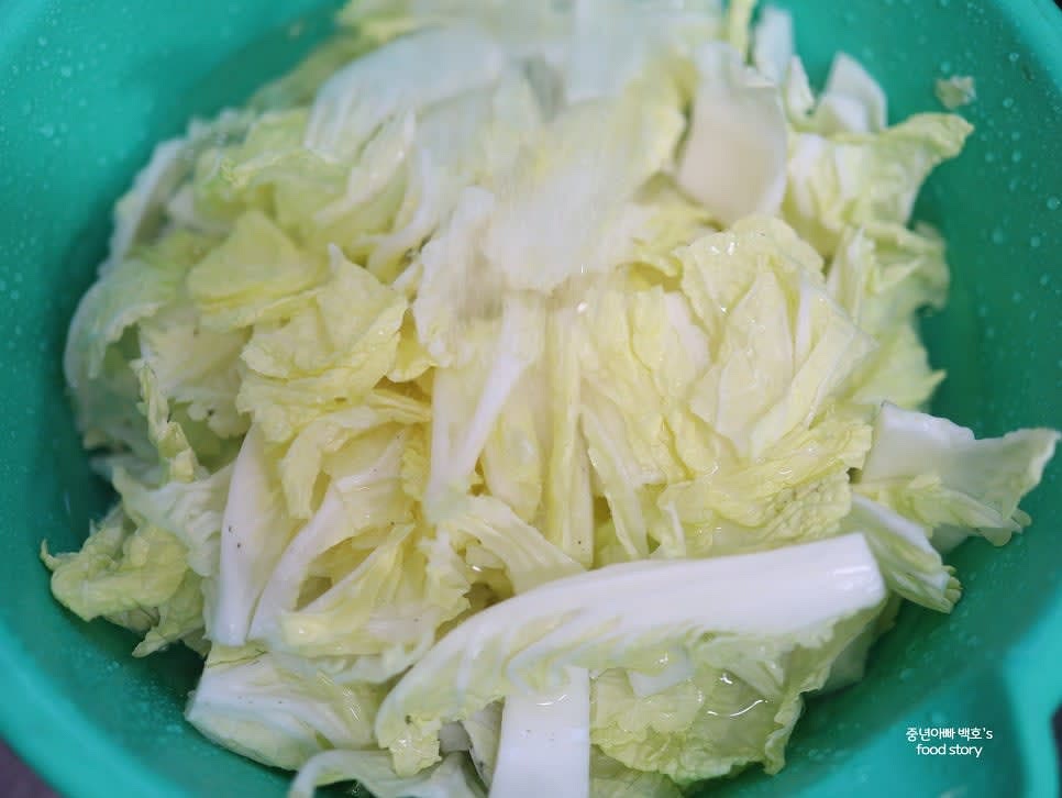 흐르는 물에 배추를 깨끗이 헹군 뒤 물에 잠시 담가 둡니다.