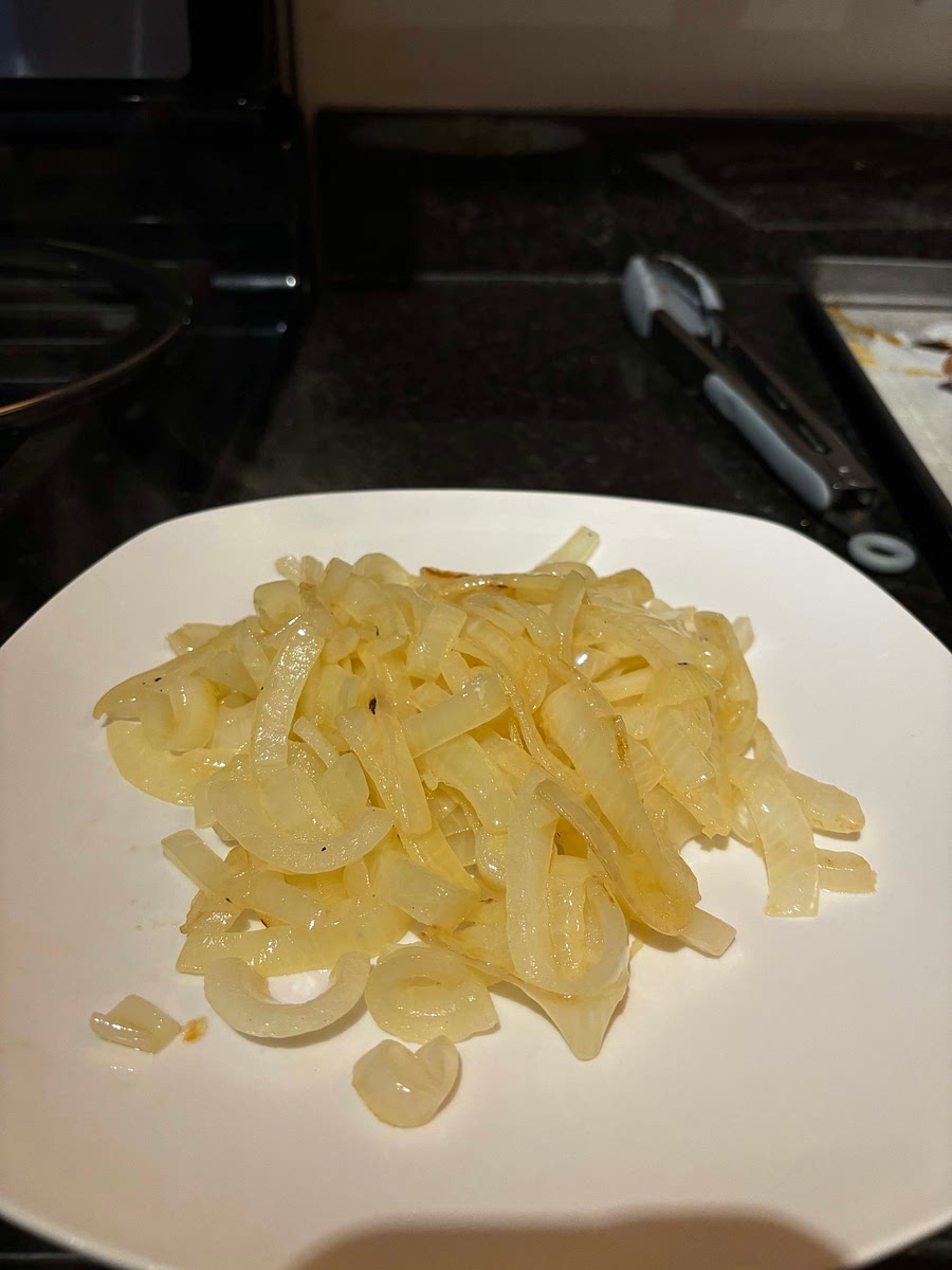 Remove onion from pan and place aside. *I like my onions slightly underdone. They will continue to cook at a later step. I cook my onions until they are very soft and slightly yellow