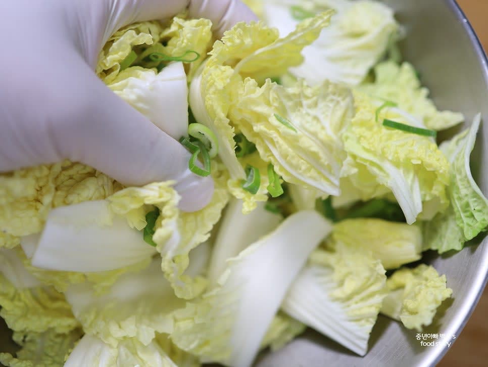 큰 그릇에 배추와 썰어놓은 대파를 넣고 손으로 가볍게 섞어줍니다.