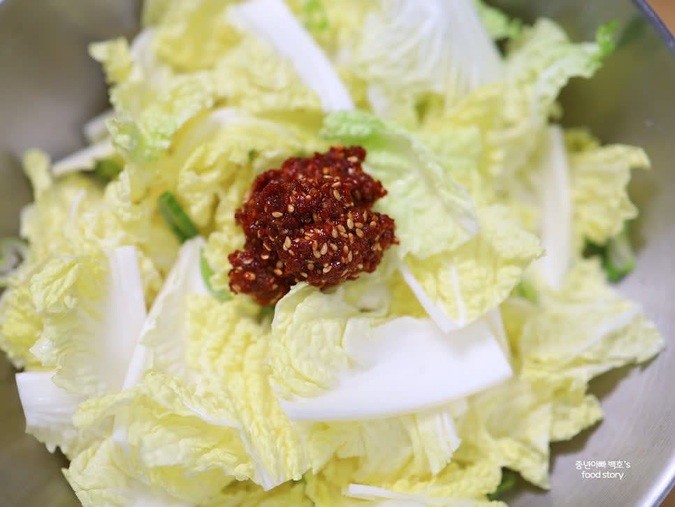 양념을 1스푼 넣고 배추에 잘 섞이도록 손으로 조물조물 무쳐줍니다.