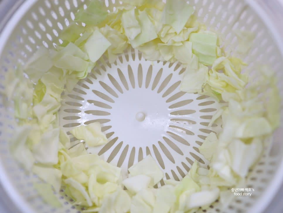 세척한 양배추는 야채 탈수기를 사용해 물기를 제거합니다.