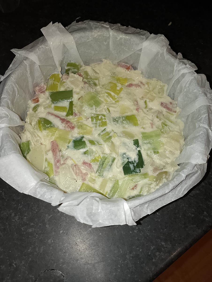 Mettre dans un plat de 18 cm de diamètre munis de papier cuisson.