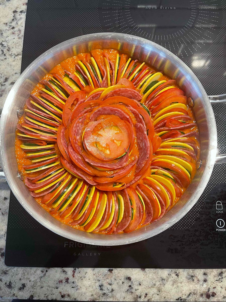 Layer in the sliced vegetables.