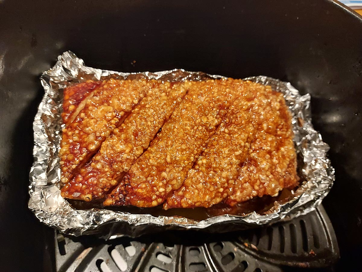 Put to oven at 180 degree Celsius for 20 to 30 mins then turn to 230 degree Celsius until crispy skin well done. ( depending the size of belly).