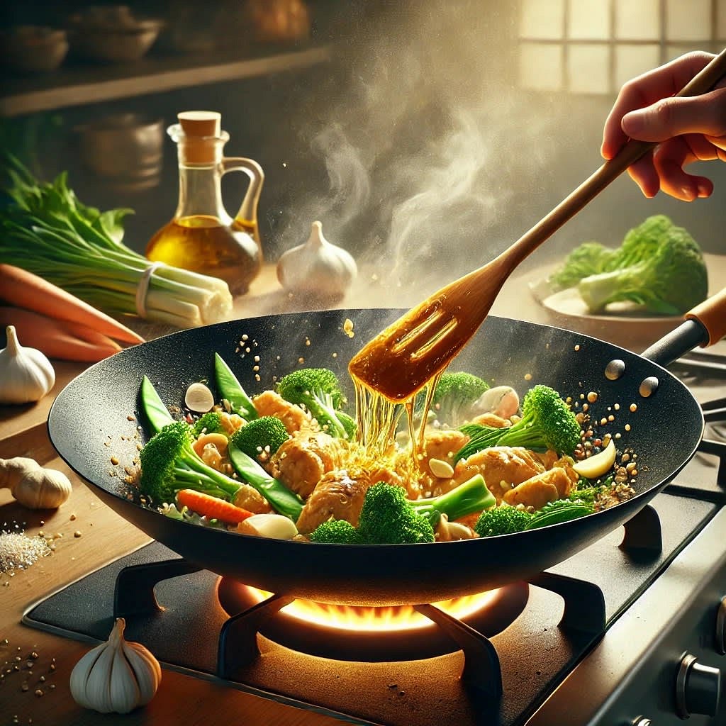 2.	In a wok or large skillet, heat the sesame oil and sauté the garlic and ginger briefly.