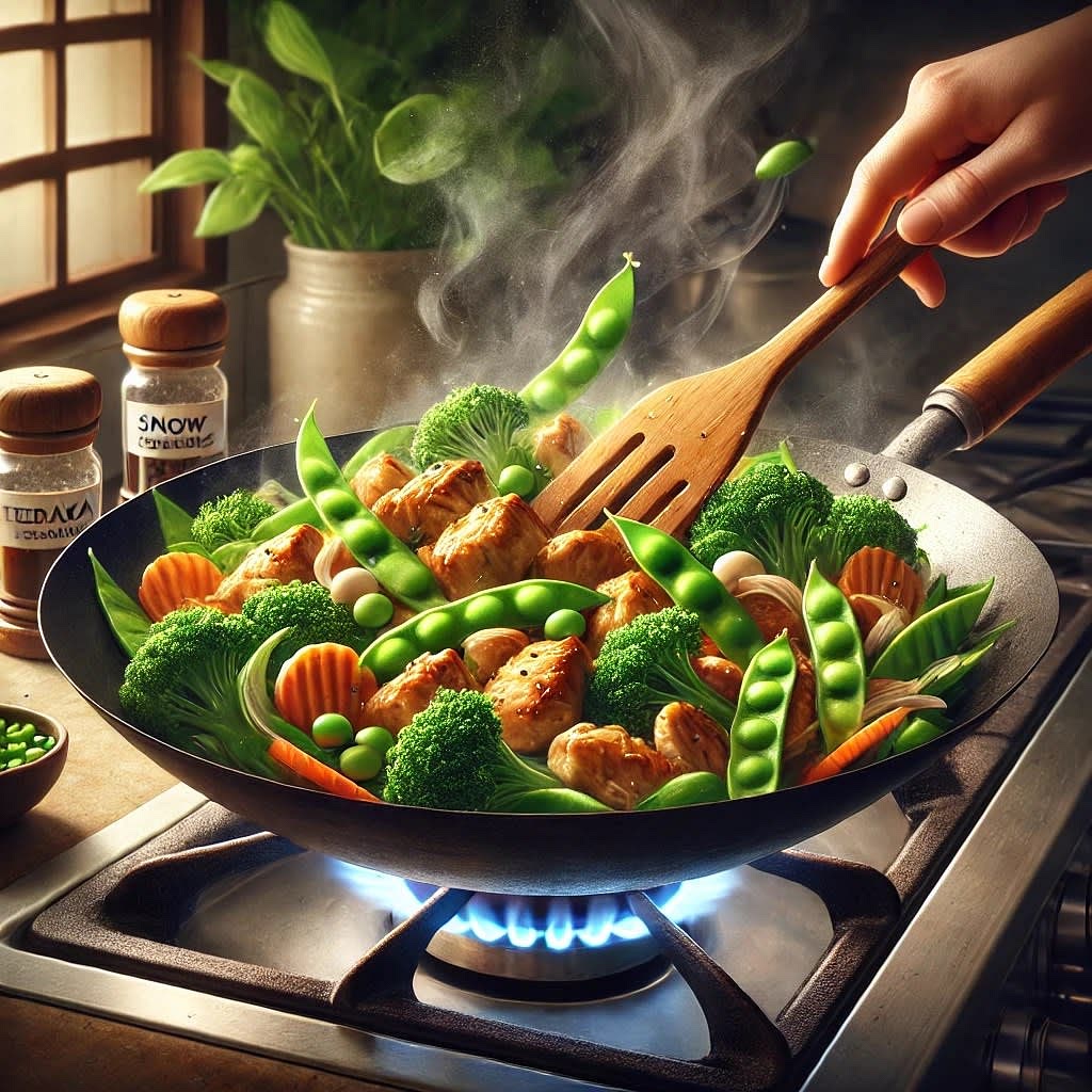 4.	Add the broccolini, carrots, snow peas, and edamame; stir‑fry until the vegetables are crisp‑tender.