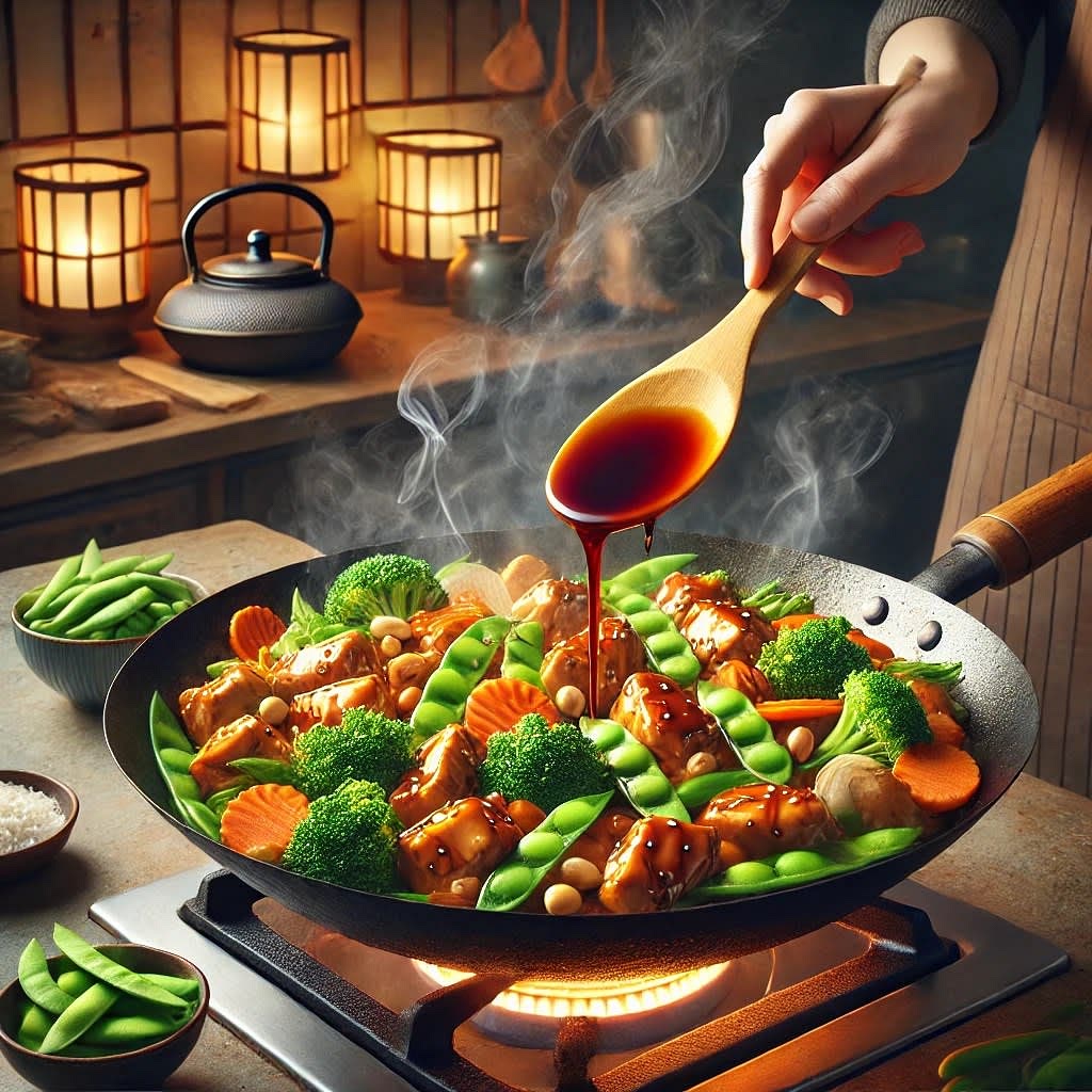 5.	Pour in the teriyaki sauce and a splash of chicken broth if desired, stirring until everything is evenly coated and the chicken is fully cooked.