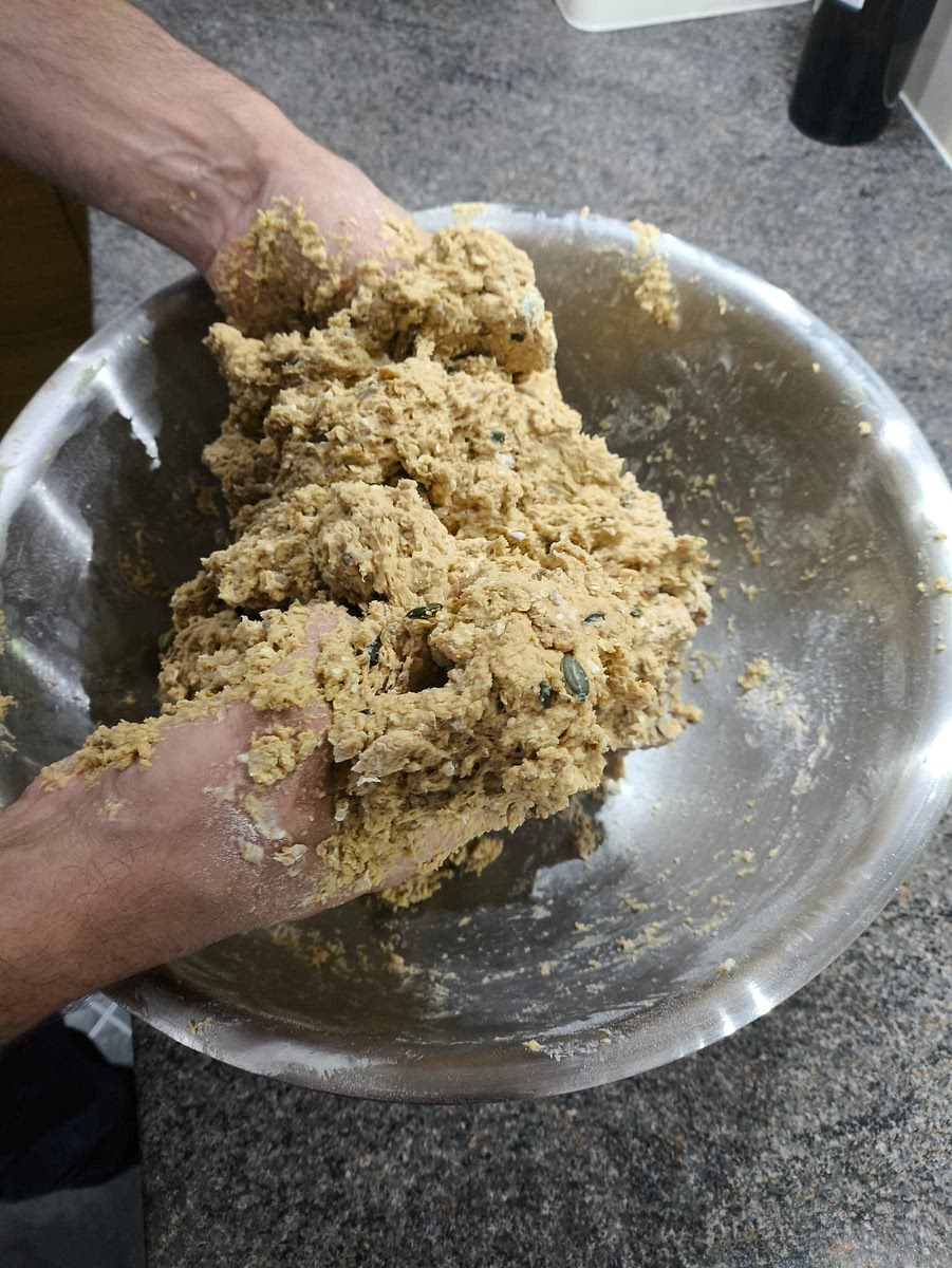 In a separate bowl, using a whisk beat the vanilla, yoghurt, eggs and milk together. Add to the dry ingredients. Mix until well combined. Don’t be alarmed, it is quite a dry mix!
