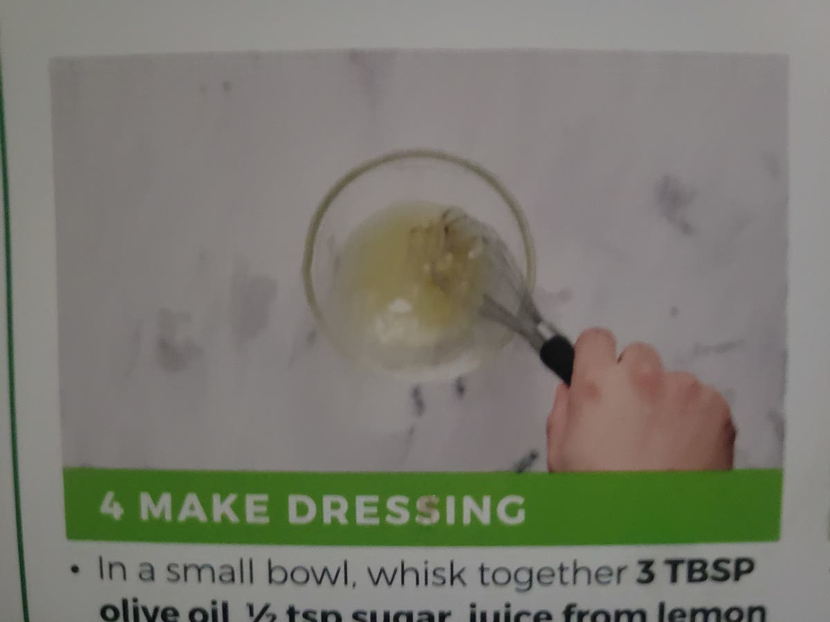In a small bowl, whisk together 3 TBSP of olive oil, 1/2 TSP sugar, juice from lemon halves, a pinch of salt and pepper until thoroughly combined.