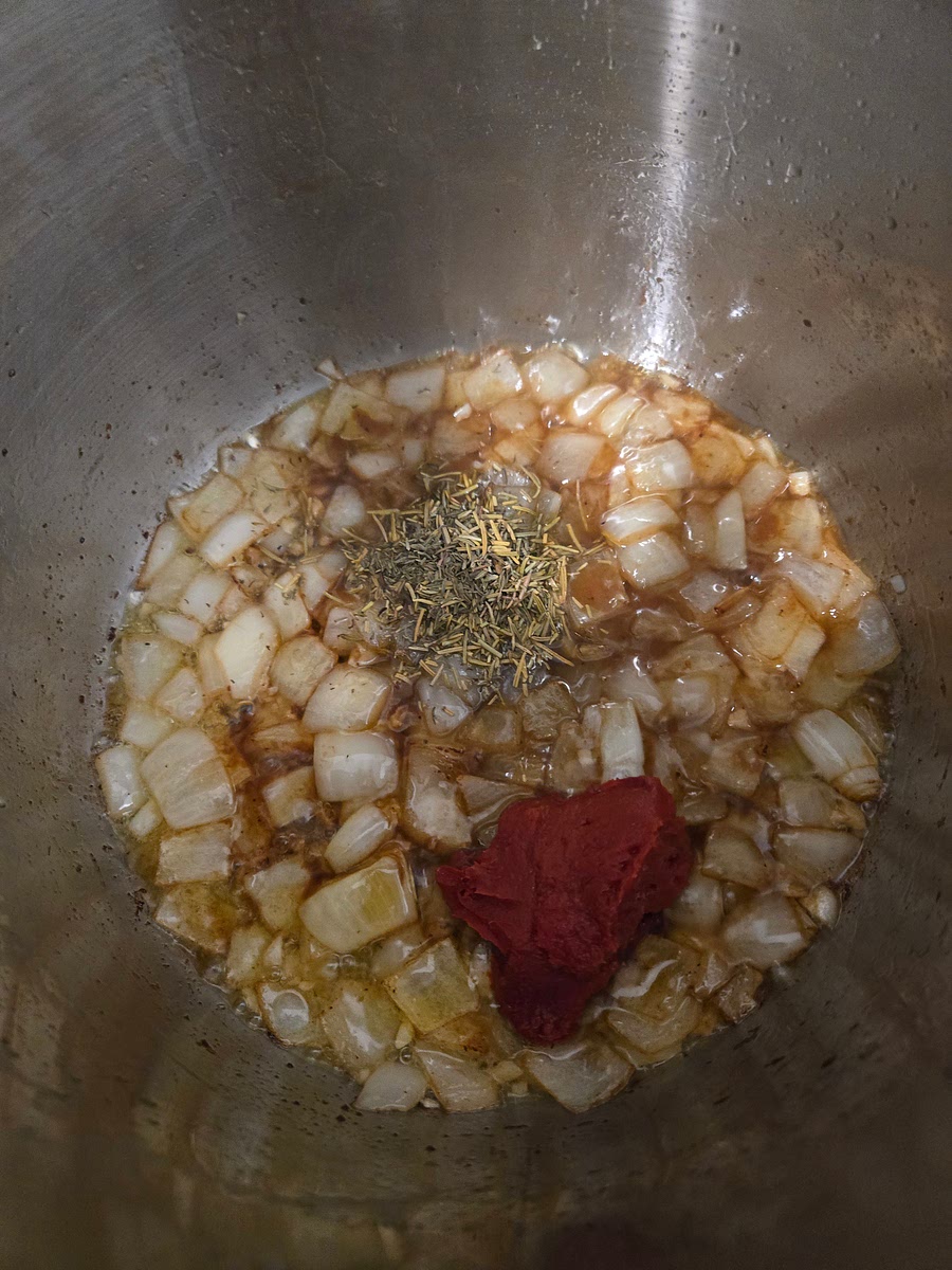 Add the Worcestershire sauce, tomato paste, rosemary, and thyme. Stir well to combine.