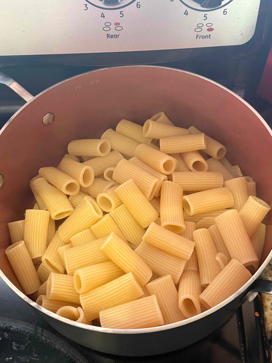 Cook rigatoni until al dente, reserving 1 cup pasta water