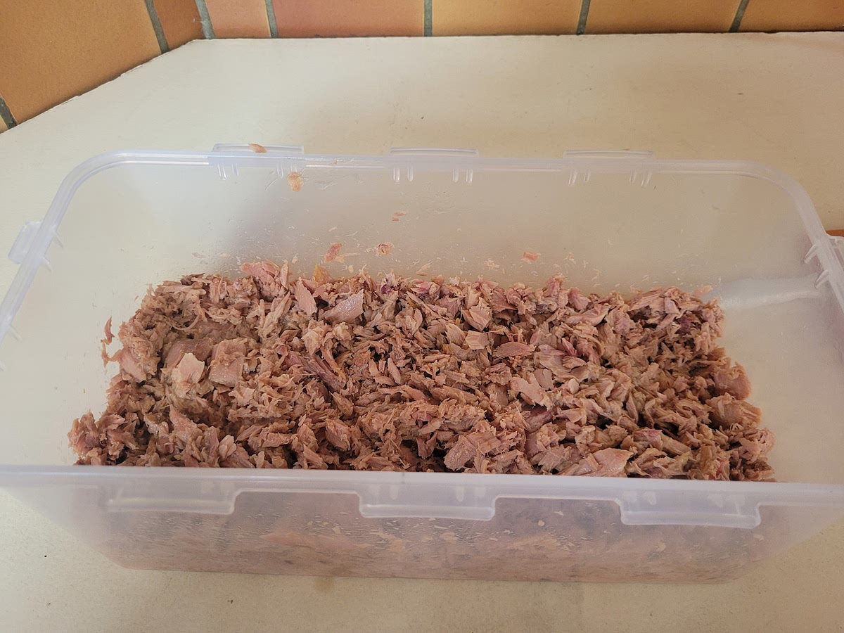 Escurrir el atún y dejar reposar en el jugo de limón mientras se prepara el resto de las cosas (esto le quita el olor desagradable y le da un sabor ácido interesante)