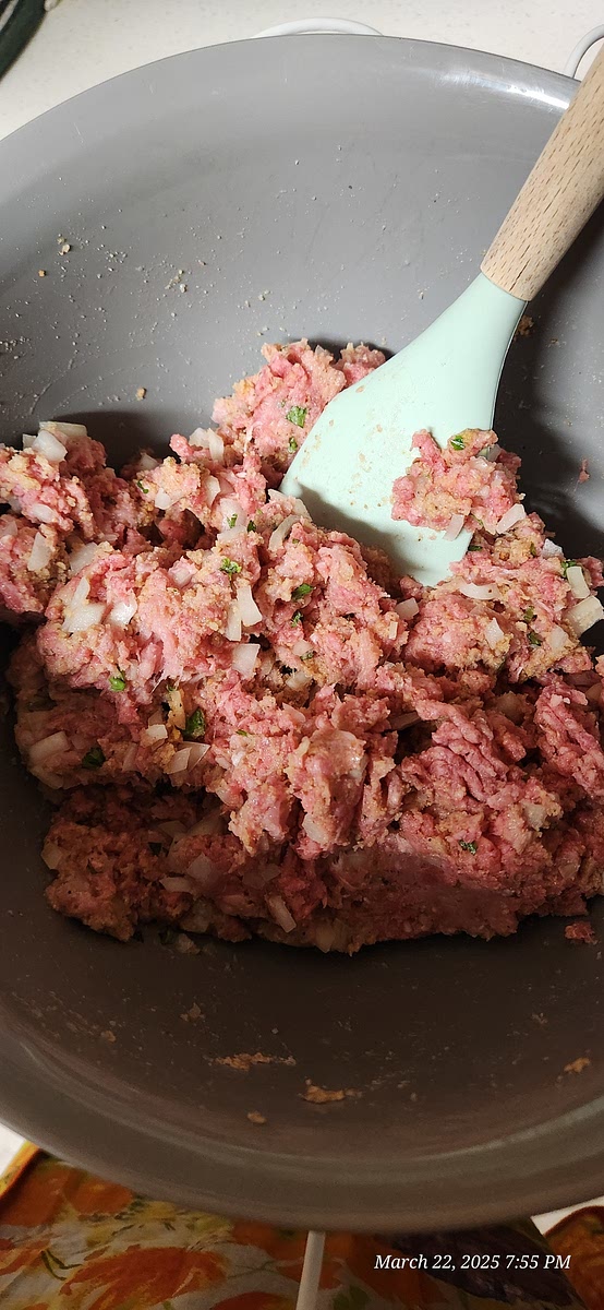 Mix ingredients in a large mixing bowl until thoroughly combined. Shape the mixture into balls. Brown on all sides. Remove from pan and set aside for later.