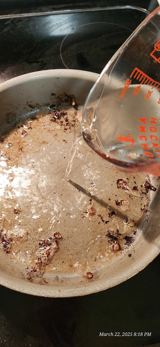 In same pan used to cook meatballs, stir in hot water into browns scraping the bottom of the pan.