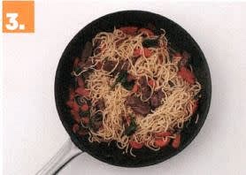 Stir-Fry Veggies & Noodles
- Return frying pan to medium-high heat with a drizzle of olive oil.
- Cook carrot, until tender, 4-5 mins.
- Reduce heat to medium. Return all beef to pan. Add garlic and sweet Asian spice blend and cook until fragrant, 1 min.
- Add oyster sauce, sweet chilli sauce, the brown sugar, water, baby spinach leaves and noodles, tossing until combined, 1 min. Season to taste.