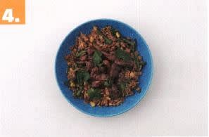 Finish & Serve
- Top bacon fried rice with Mongolian beef.
- Tear over coriander to serve.