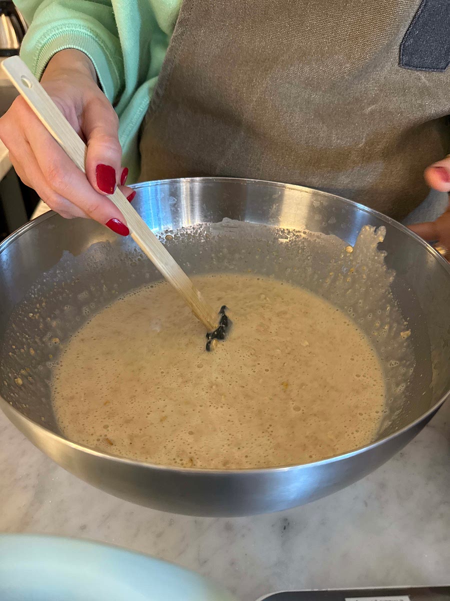 Mix everything else together with the milk and vinegar mix except the chocolate chunks