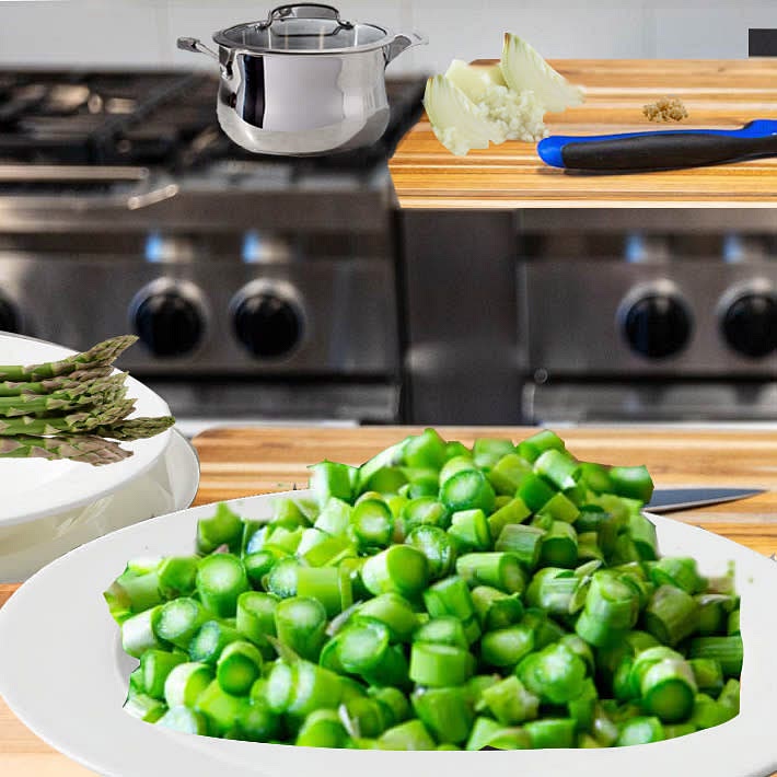 Add the chopped asparagus. (I usually discard the bottoms since it has too much hairy fiber) If you leave, you'll have to strain it to discard it.