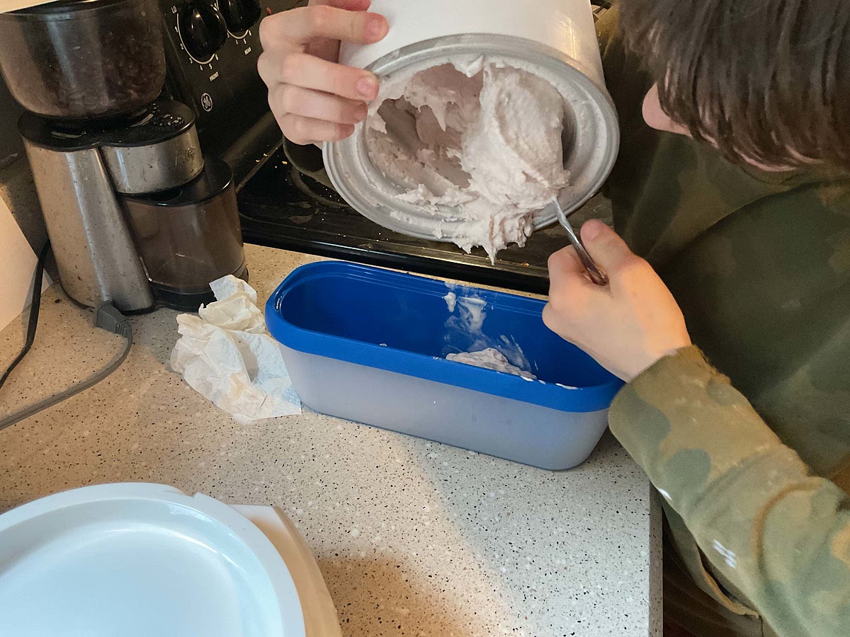 The ice cream will have a soft, creamy texture. If a firmer consistency is desired, transfer the ice cream to an airtight container and place in freezer for about 2 hours.
