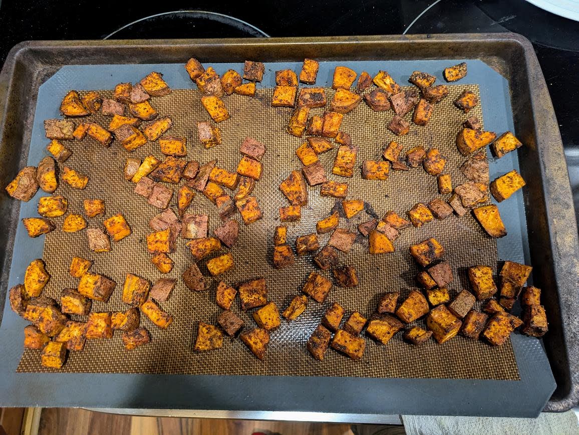 Transfer the potatoes to your baking sheet. Roast for about 30 minutes, or until soft and lightly browned. You can also air fry at 400F for 15-20 minutes if you're making a smaller batch