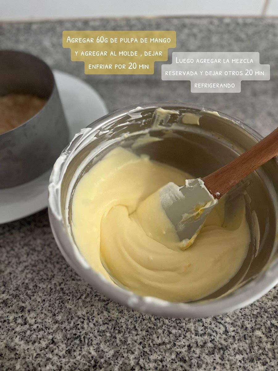 4. speed the cream cheese until smooth. Then add granulated sugar and mix until smooth and creamy. Add in the mango puree and liquid gelatin. Continue mixing at medium speed until no lumps remain