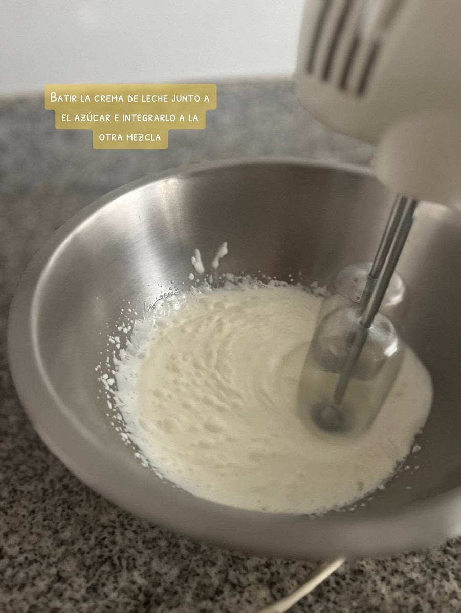 5. In a cold mixing bowl, pour heavy cream and whisk until stiff peaks. Careful not to over whisk.
