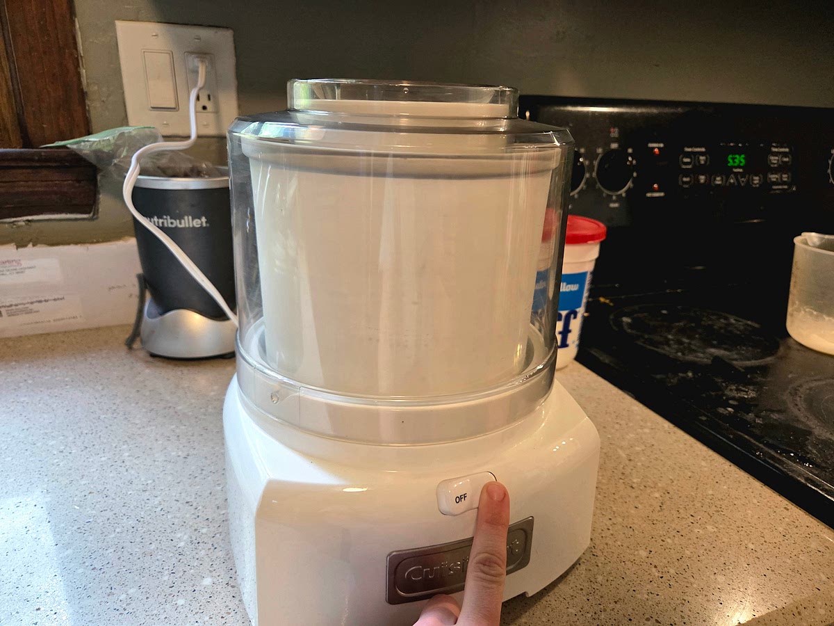 Turn on your ice cream maker; pour the mixture into the frozen freezer bowl and let mix until thickened, do step 6 in the meantime, 15- 20 minutes.