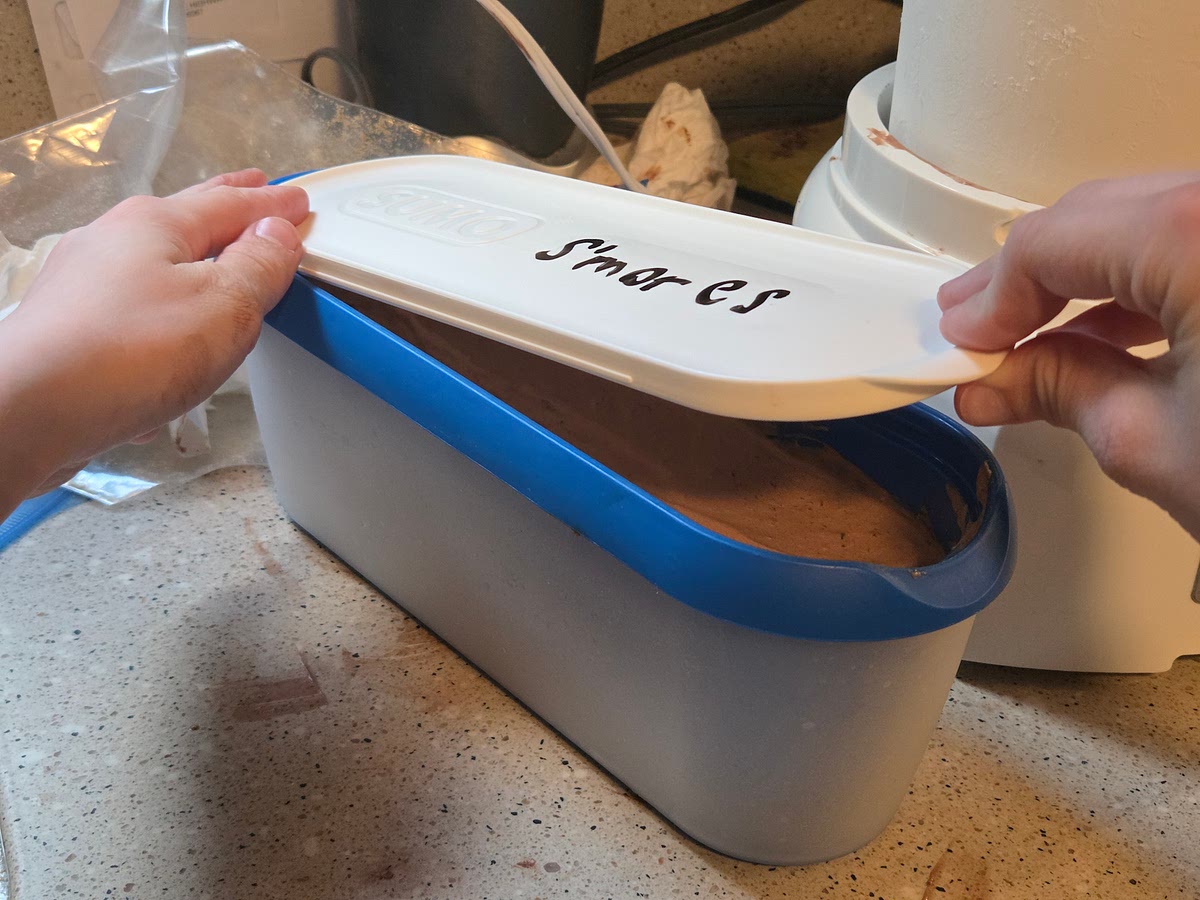 The ice cream will have a soft, creamy texture. Transfer the ice cream to an airtight container and place in freezer overnight, if a firmer consistency is desired. Remove from freezer about 5 minutes before serving.